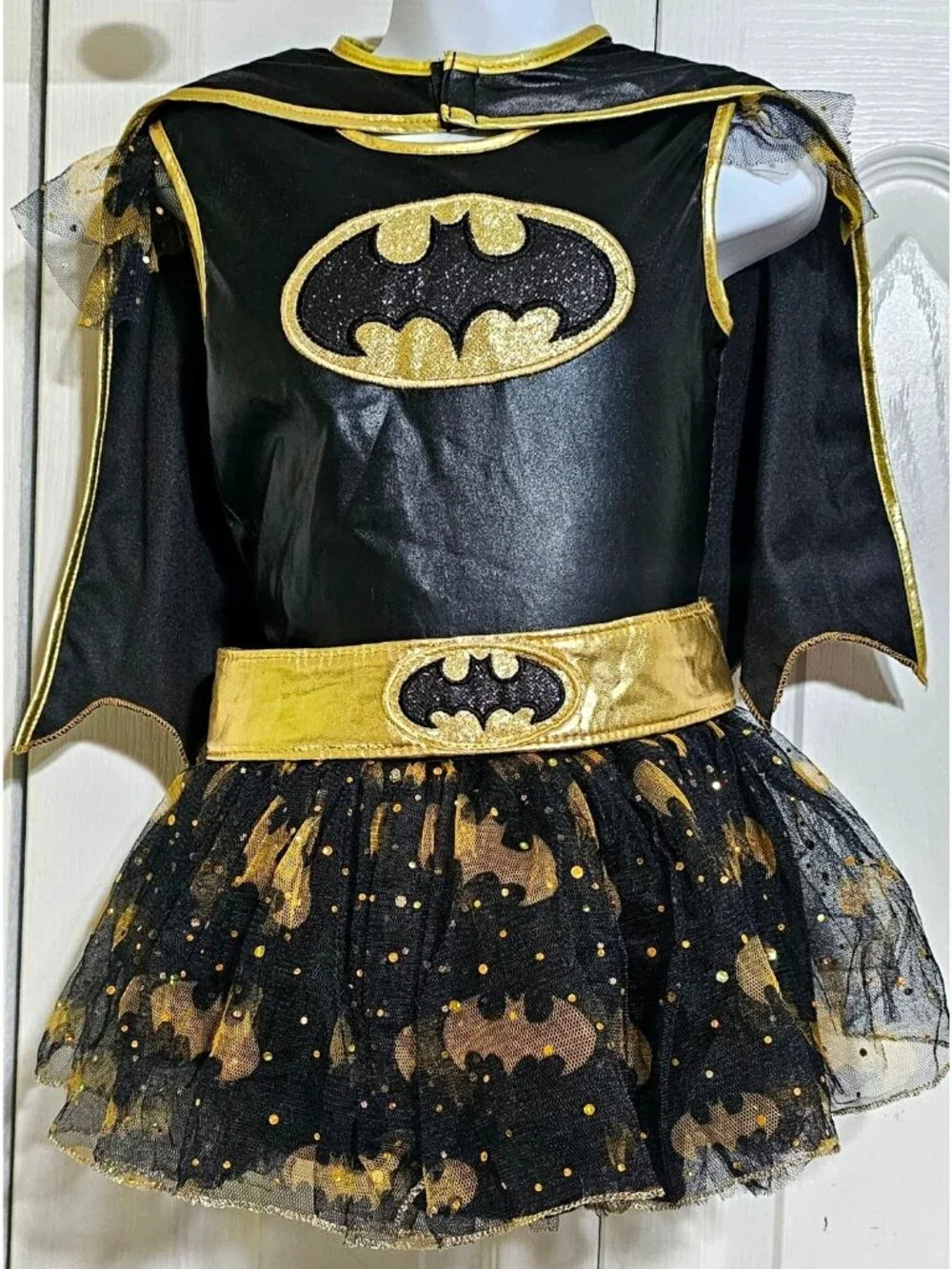 Batgirl Tutu Costume Girl 4-6 Batwoman DC Comic Batman Dress Cape Mask Belt Gold